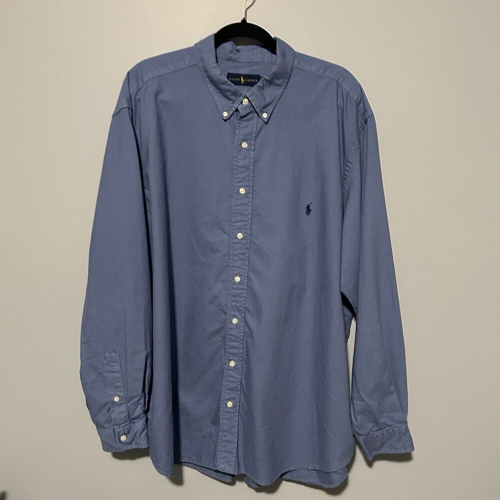 Ralph Lauren Mens Button Down Shirt Size 2XB Solid Blue Collared Long Sleeve
